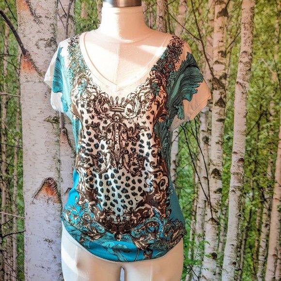 Vintage Y2K Designer Animal Print Crown Rhinestone Maximalist V Neck Tee - Picture 3 of 11